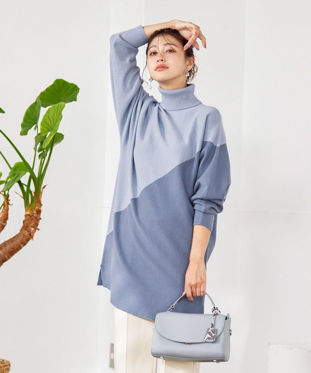 Tiaclasse 【洗える】配色ドルマンニットチュニック サックス