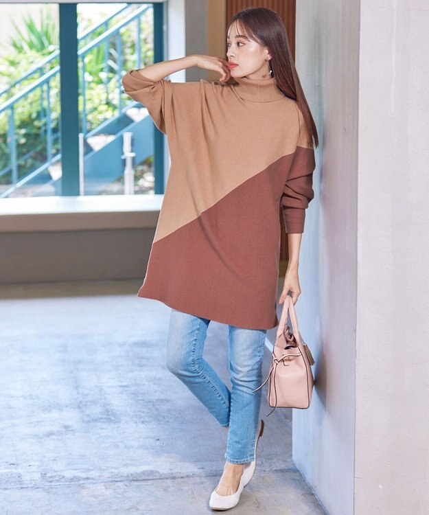 Tiaclasse L 【洗える】配色ドルマンニットチュニック ピンク