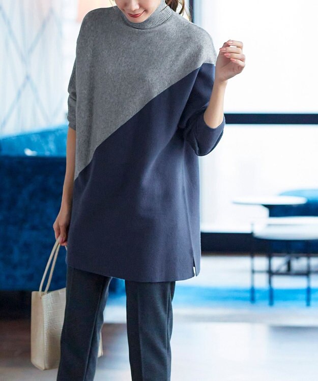 Tiaclasse 【洗える】配色ドルマンニットチュニック グレー