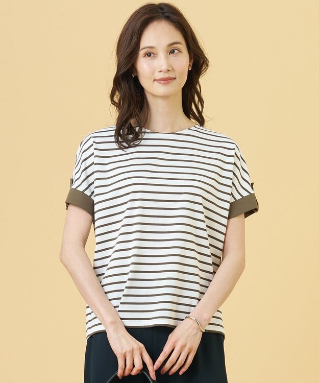 J.PRESS LADIES S 【一枚で着映え】バイカラーボーダー クルーネック カットソー カーキ系