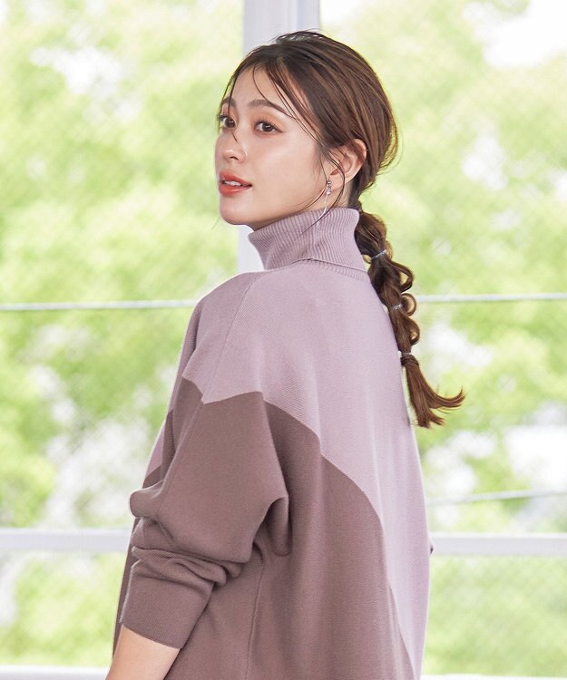 Tiaclasse L 【洗える】配色ドルマンニットチュニック グレージュ