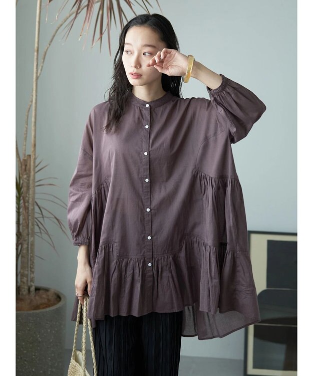 earth music&ecology コットンボイル切替ティアードチュニック Brown