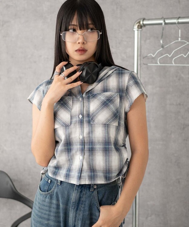 WEGO フードチェックコンパクトシャツ ブルーチェック1