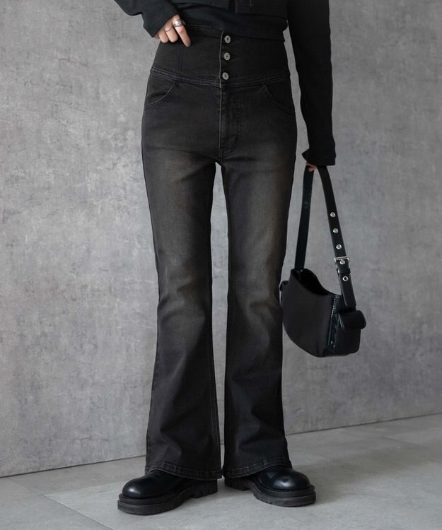 WEGO ハイウエストストレッチフレアデニムパンツ スミクロ