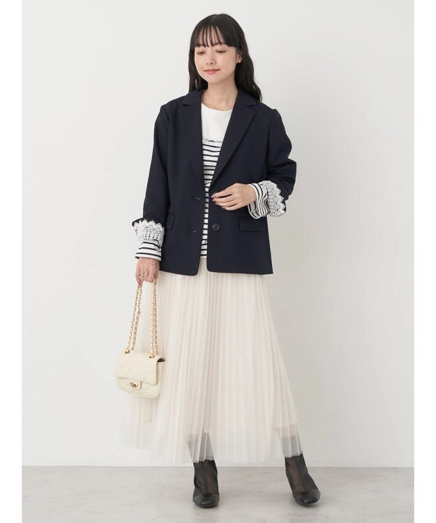 earth music&ecology レースボーダーカットソープルオーバー Beige