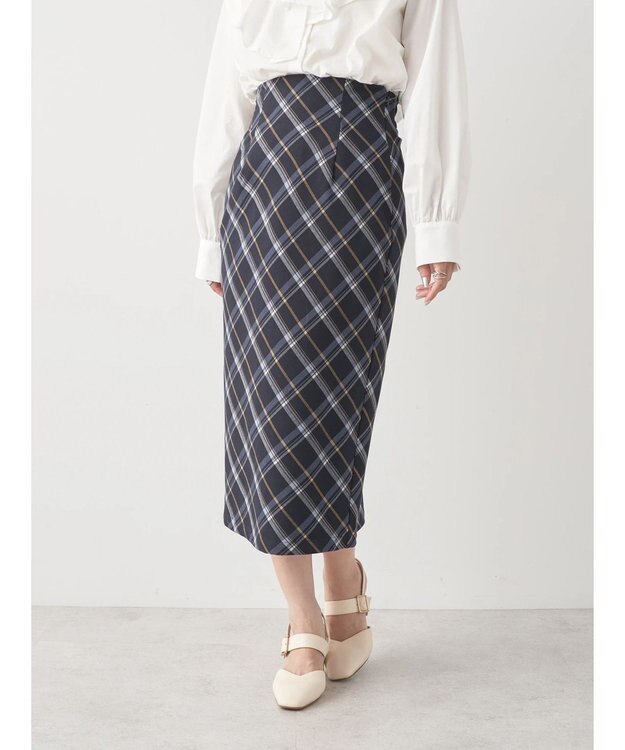 earth music&ecology チェック柄ナロースカート Navy