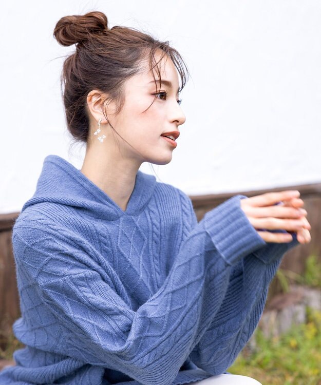 Tiaclasse 【洗える】アラン柄ニットパーカーチュニック ブルー