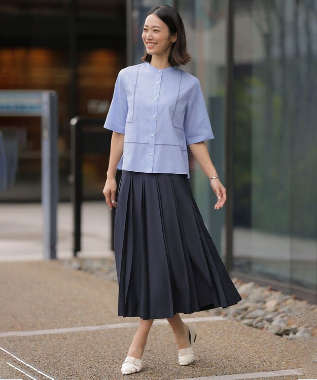J.PRESS LADIES L エアリースパンボイル プリーツ スカート ネイビー系