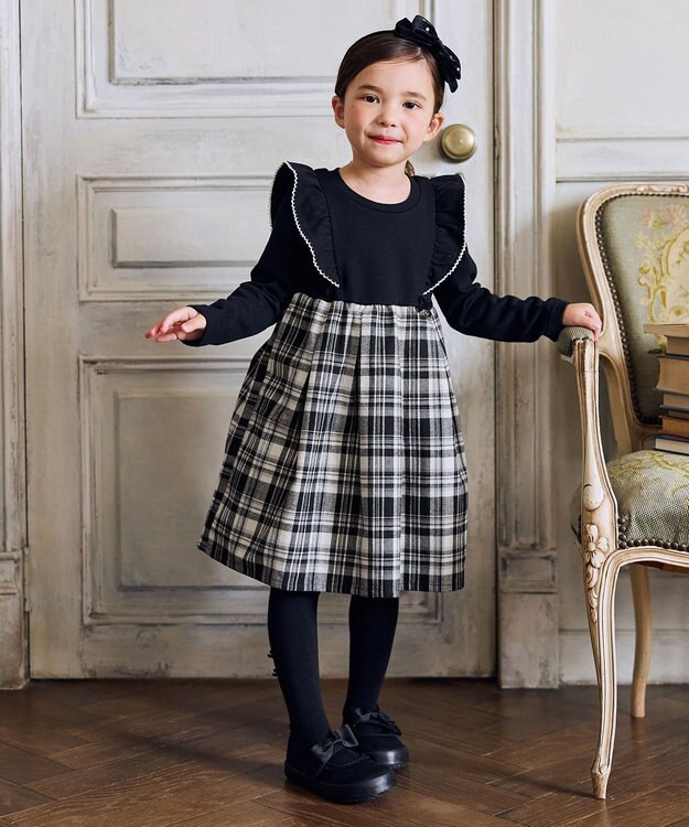 ANY KIDS チェック柄 ドッキング ワンピース ブラック×チェック