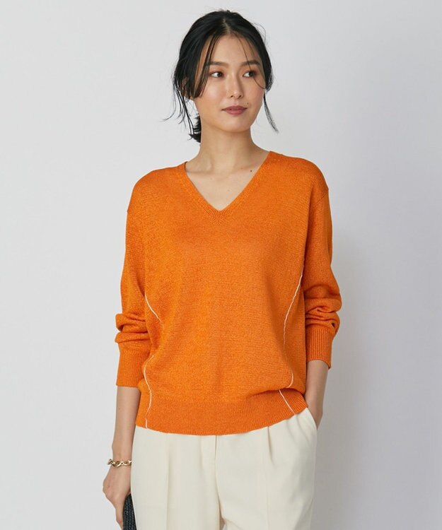 ICB 【WEB限定カラーあり・洗える】ペーパーブレンドシャインニット Vネックプルオーバー オレンジ系