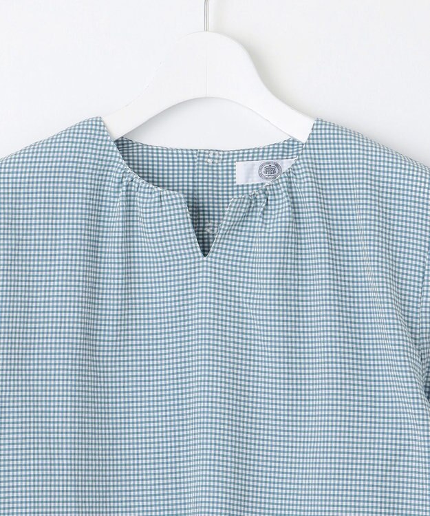 J.PRESS LADIES L 【洗える】アセVis ギンガム ボリュームスリーブ ブラウス シーグリーン系3