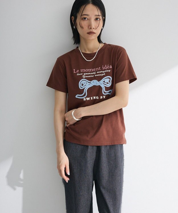 Green Parks ・ｓｗｉｎｇ　ｂｙ　リボンモチーフコード刺繍ＴＥＥ Brown