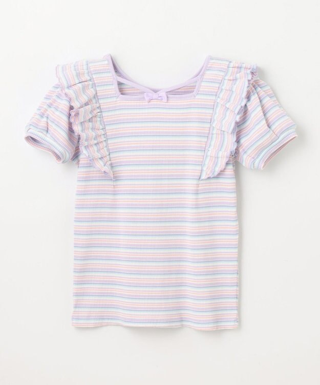 ANY KIDS オン・オフショルダー ボーダー Tシャツ ラベンダー系