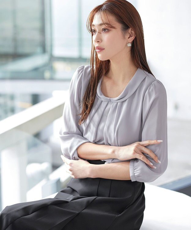 Tiaclasse L 【洗える】リボンカラーパフスリーブブラウス グレー