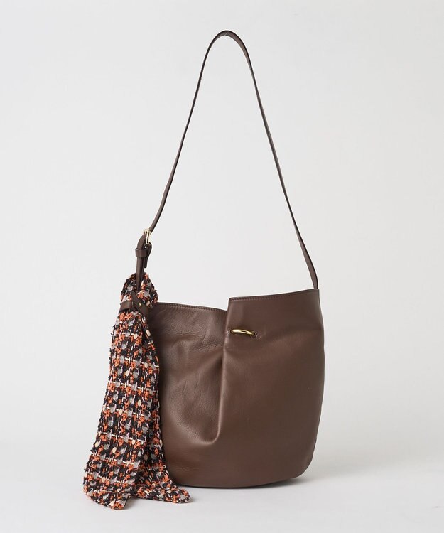 russet ツイードスカーフ付きレザー2WAYショルダーバッグ(CE-1632) D.Brown