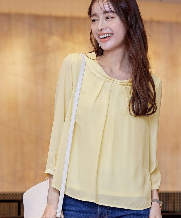 Tiaclasse L 【洗える】リボンカラーパフスリーブブラウス イエロー
