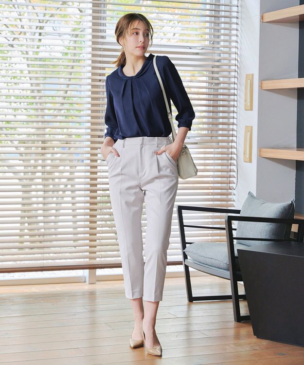 Tiaclasse L 【洗える】リボンカラーパフスリーブブラウス ネイビー