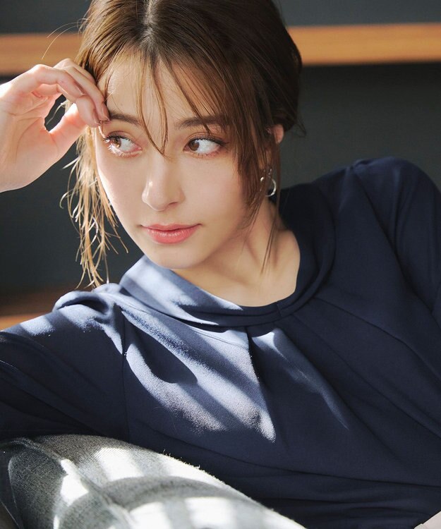 Tiaclasse L 【洗える】リボンカラーパフスリーブブラウス ネイビー