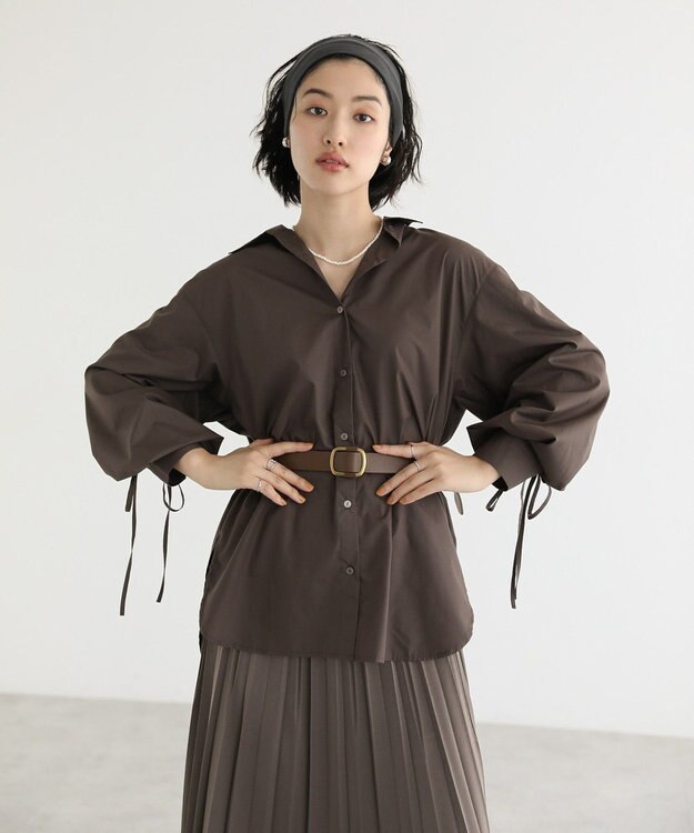 Green Parks イージーケア袖シャーリングシャツ Brown