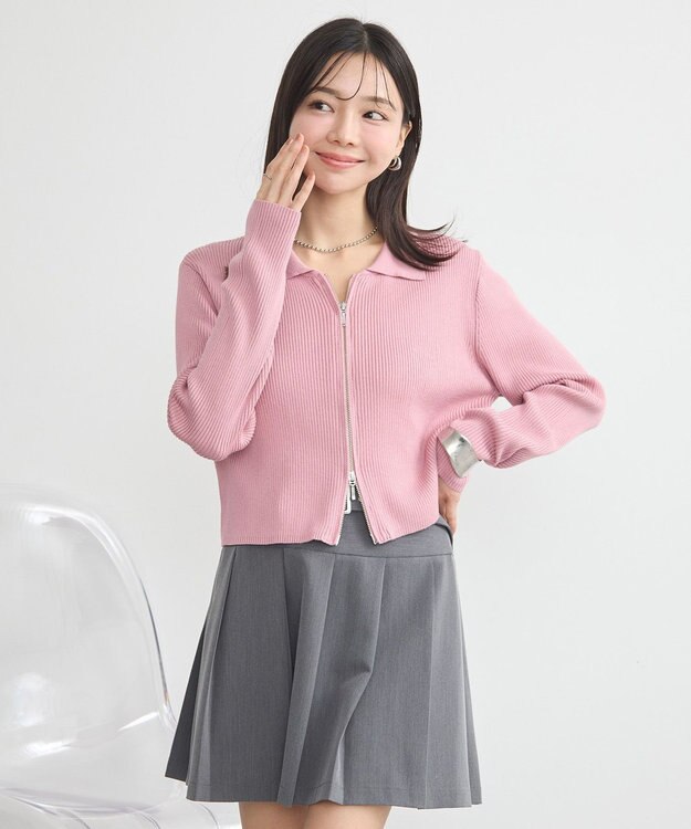 earth music&ecology Wジップリブカーディガン ピンク