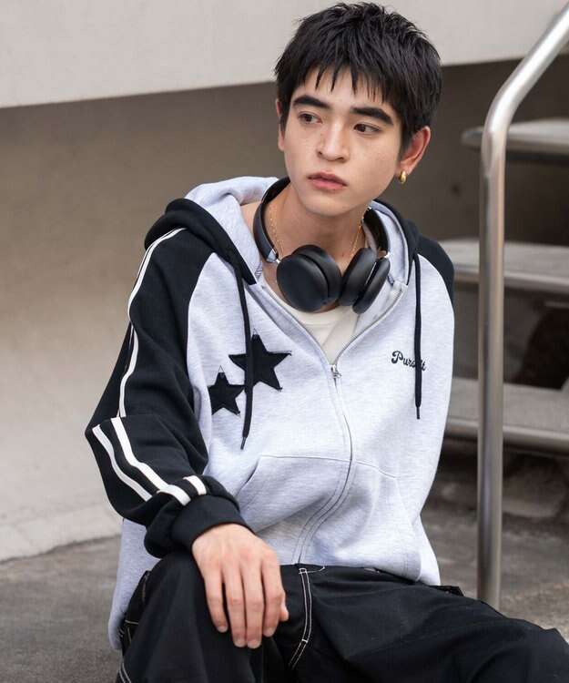 WEGO 【ユニセックス着用ITEM】ラインラグランZIPパーカー アッシュグレー