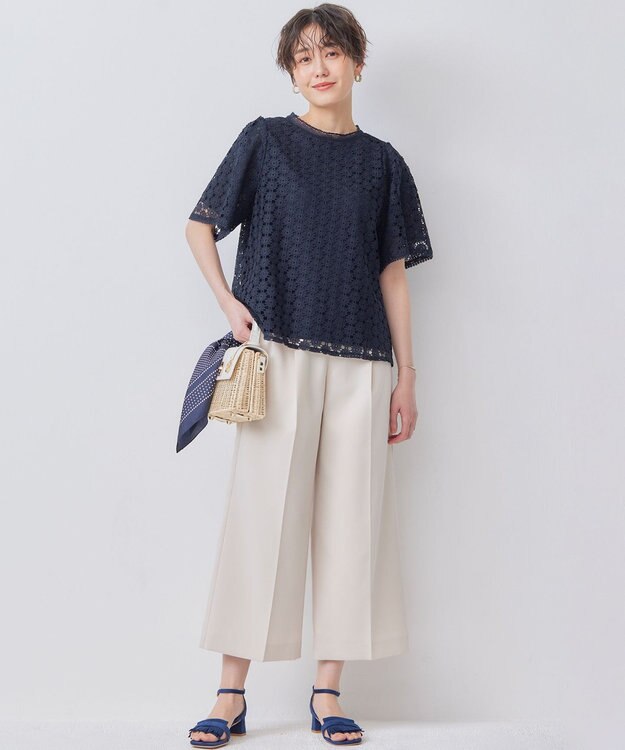 組曲 L フラワーレース半袖ブラウス ネイビー系