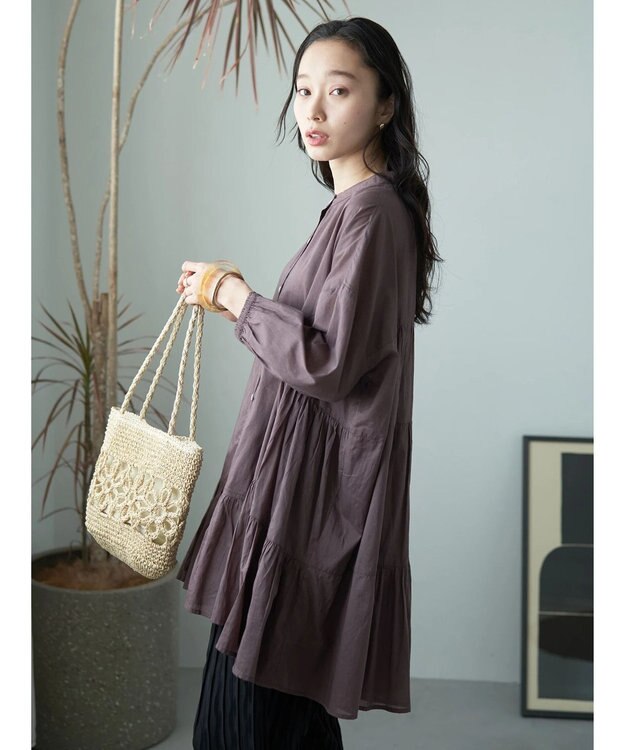 earth music&ecology コットンボイル切替ティアードチュニック Brown