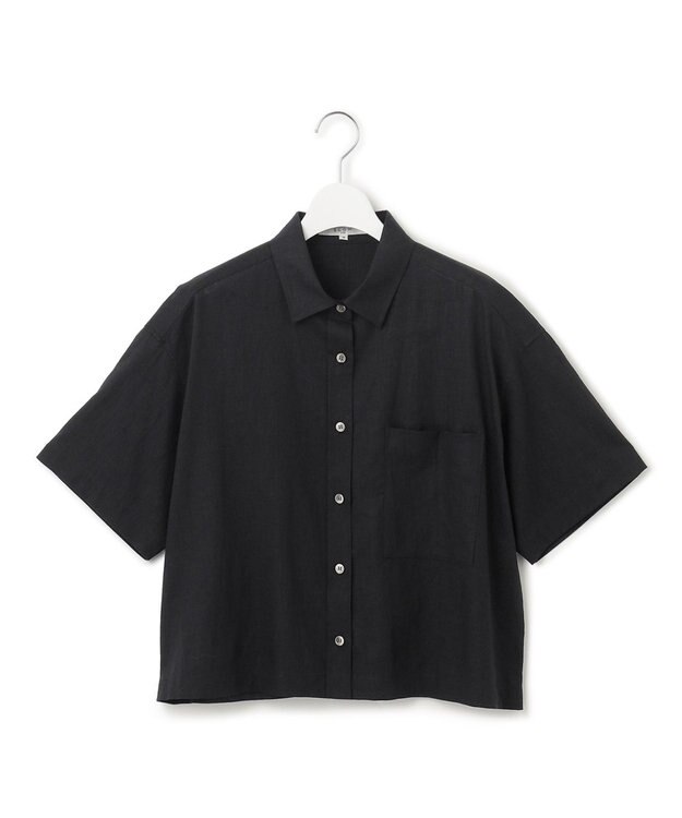 23区 【SLOW/洗える】リネンコットン 半袖クロップドシャツ ブラック系
