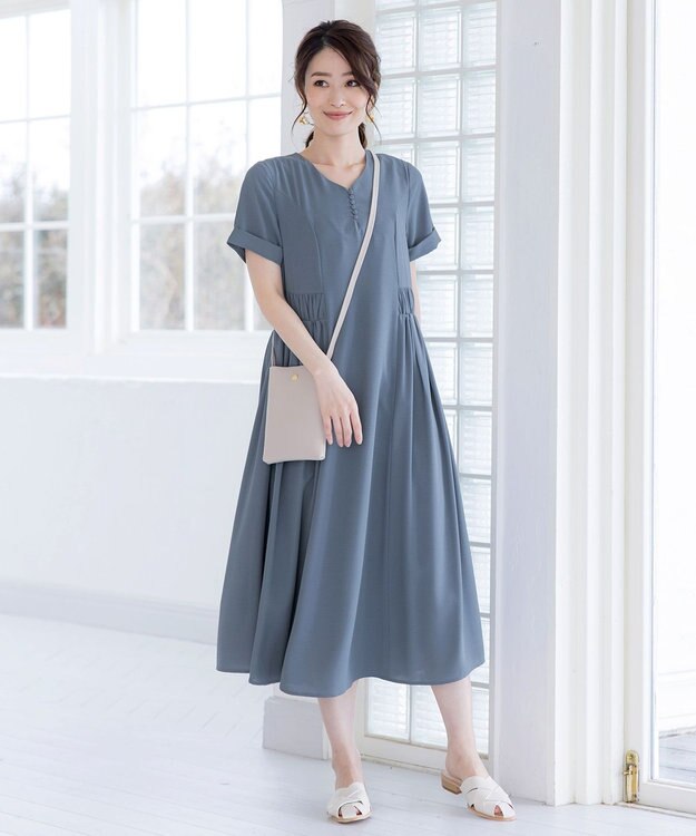 Tiaclasse 【洗える】サイドギャザーワンピース ブルー