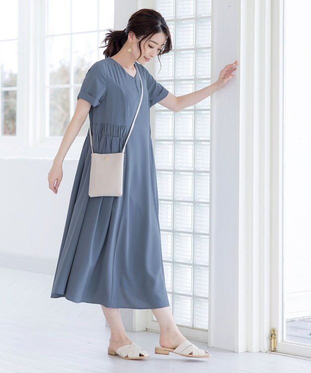 Tiaclasse 【洗える】サイドギャザーワンピース ブルー