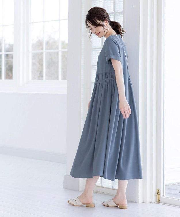 Tiaclasse L 【洗える】サイドギャザーワンピース ブルー
