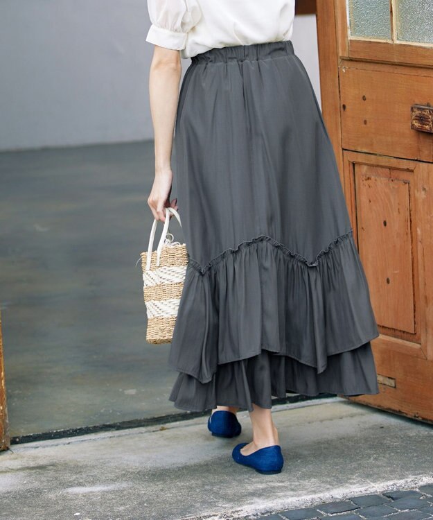 Tiaclasse 【洗える】ギャザーフリルティアードスカート チャコールグレー