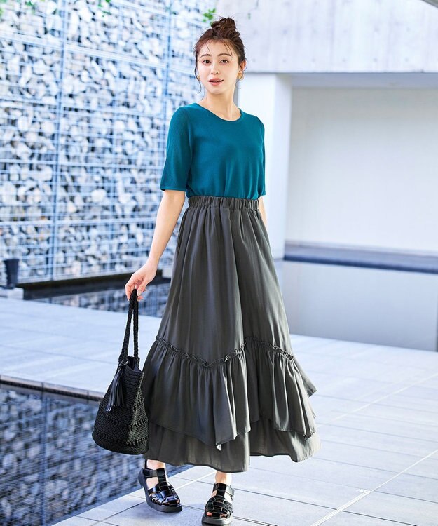 Tiaclasse 【洗える】ギャザーフリルティアードスカート チャコールグレー