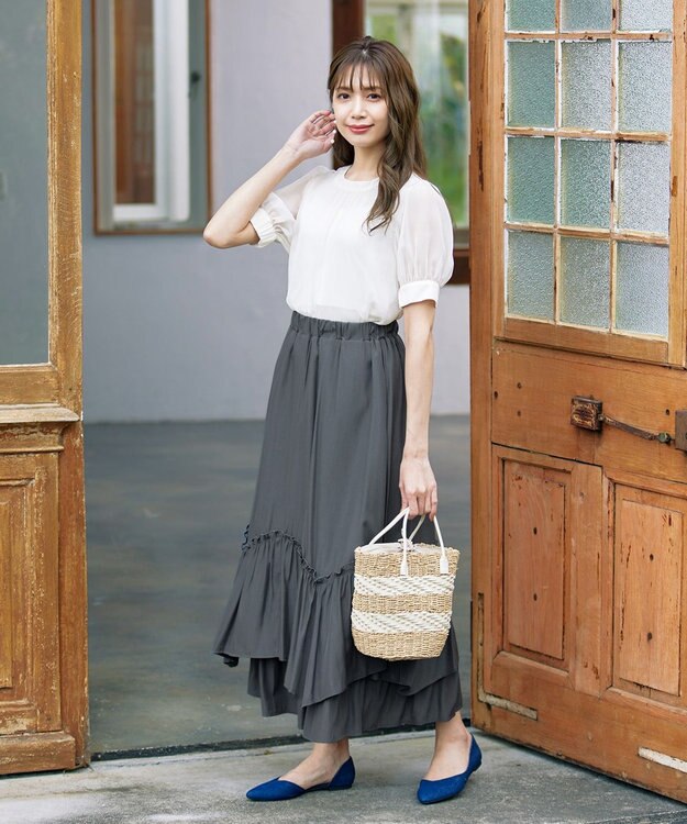 Tiaclasse 【洗える】ギャザーフリルティアードスカート チャコールグレー