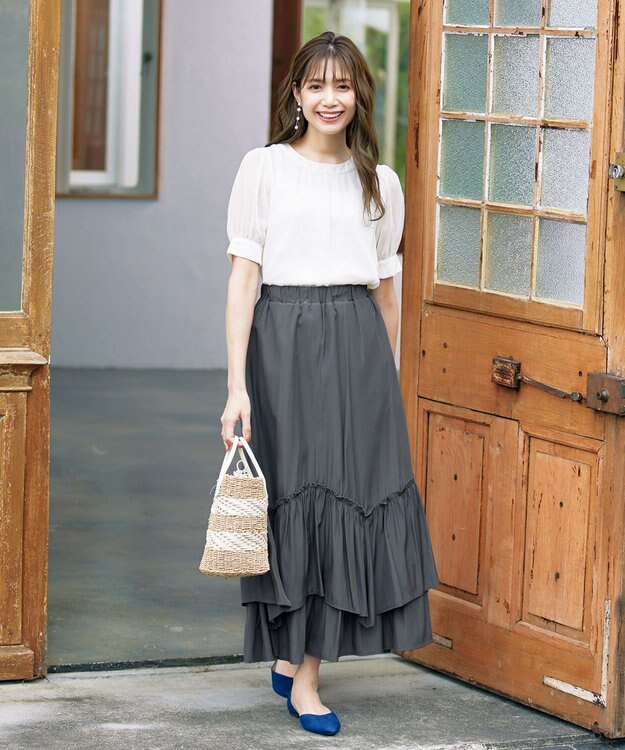 Tiaclasse 【洗える】ギャザーフリルティアードスカート チャコールグレー