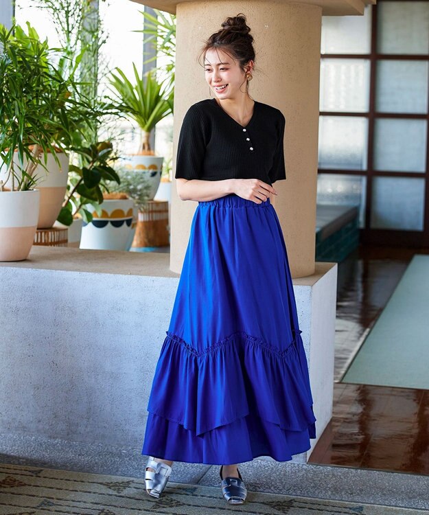 Tiaclasse 【洗える】ギャザーフリルティアードスカート ブルー