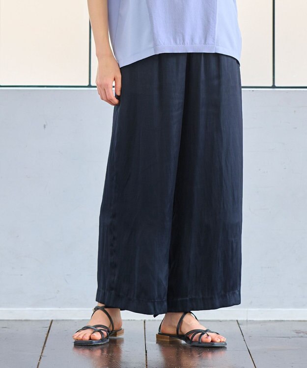 自由区 L 【WEB限定・ウエストゴム・長さ調整可・洗える】ビンテージサテン ワイドパンツ ネイビー系