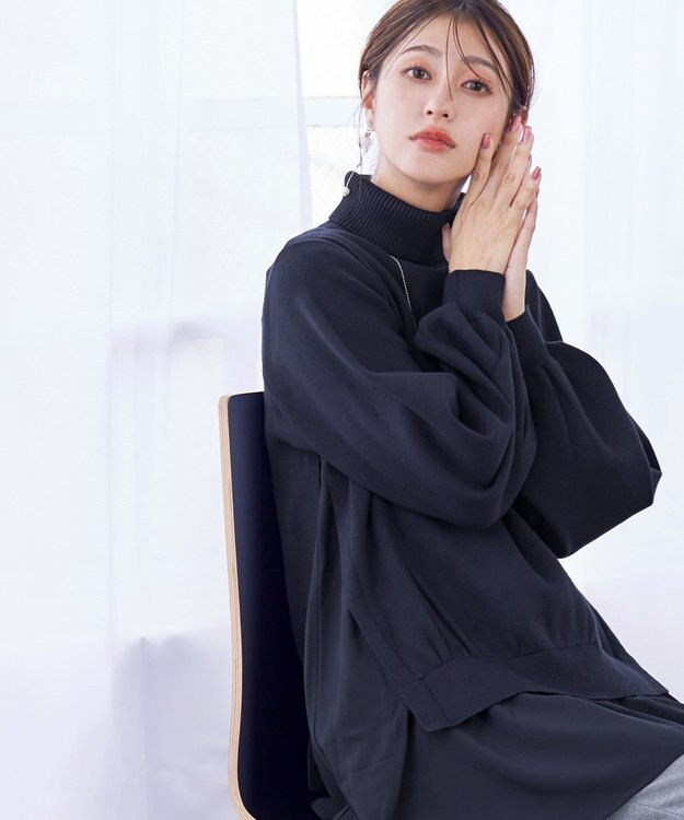 Tiaclasse L 【洗える】コンビフレアニットトップス ネイビー