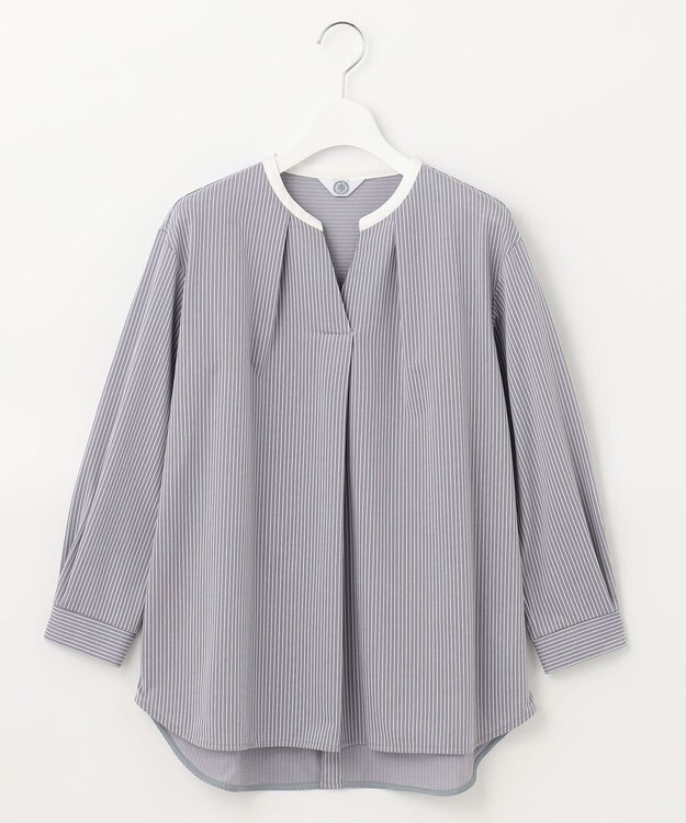 J.PRESS LADIES L ピンストライプジャージー バンドカラー スキッパー カットソー ライトグレー系1