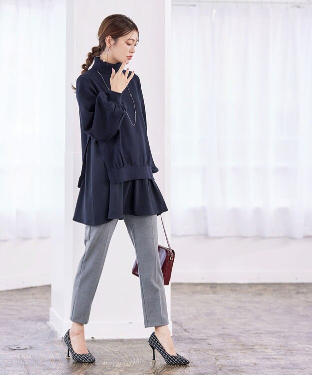 Tiaclasse 【洗える】コンビフレアニットトップス ネイビー