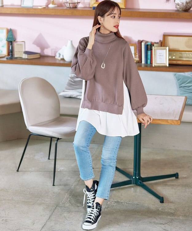 Tiaclasse 【洗える】コンビフレアニットトップス モカ