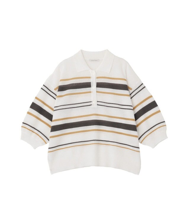 Green Parks 衿付き７分袖ニットプルオーバー Ecru