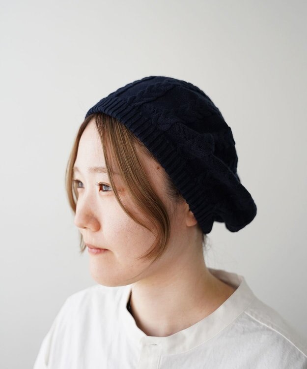 石田製帽 オーガニックコットン アラン編みベレー ネイビー