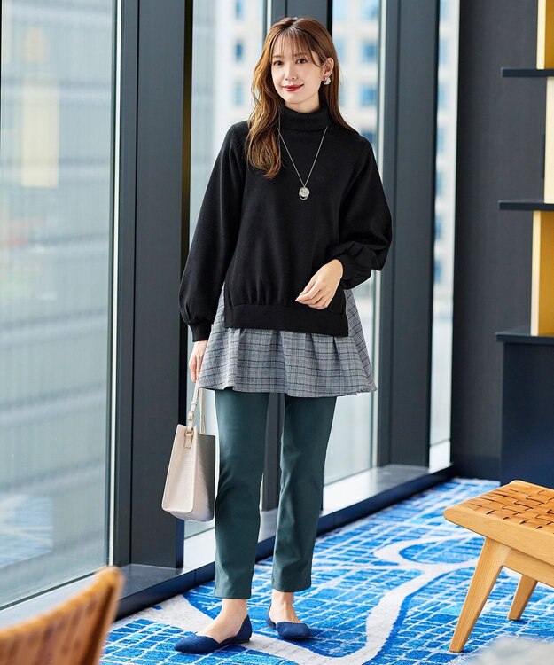 Tiaclasse L 【洗える】コンビフレアニットトップス ブラック