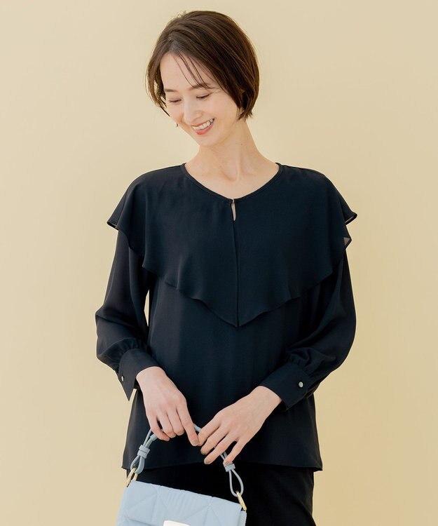 自由区 【XSサイズ～/洗える】ロイヤルシフォン ラッフルブラウス ネイビー系