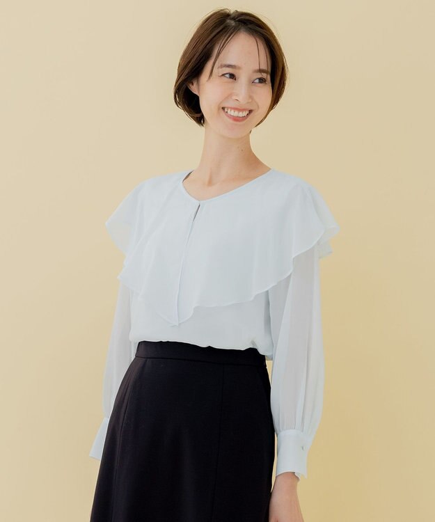 自由区 【XSサイズ～/洗える】ロイヤルシフォン ラッフルブラウス スカイブルー系