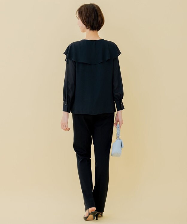 自由区 【XSサイズ～/洗える】ロイヤルシフォン ラッフルブラウス ネイビー系