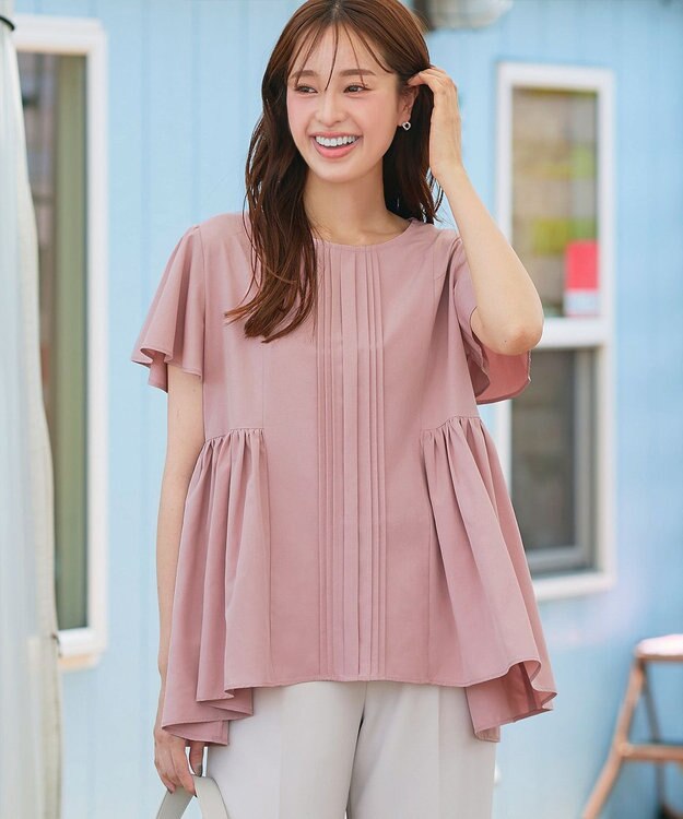 Tiaclasse 【洗える】ペプラムギャザーピンタックブラウス ピンク