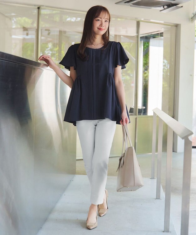 Tiaclasse 【洗える】ペプラムギャザーピンタックブラウス ネイビー