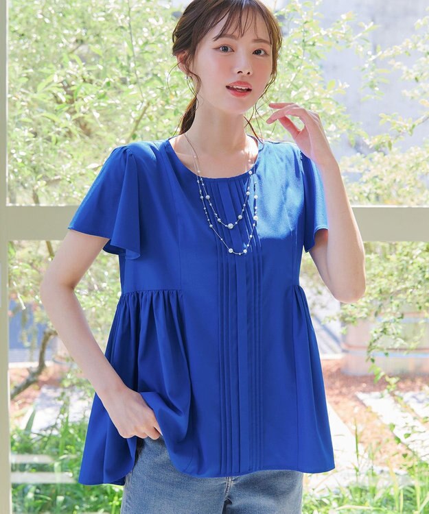 Tiaclasse 【洗える】ペプラムギャザーピンタックブラウス ブルー